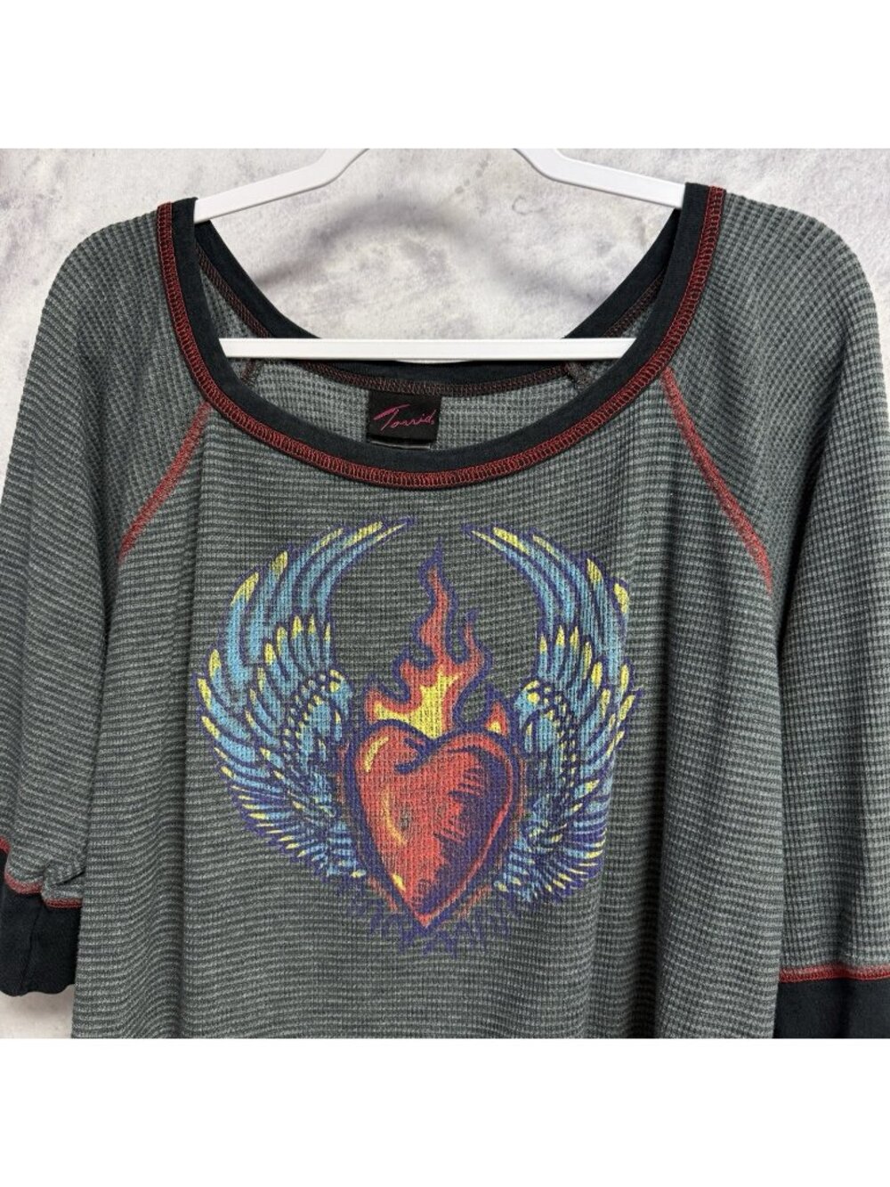 Vintage Torrid Womens Thermal Waffle Knit Shirt Y2k Heart Wings Grunge